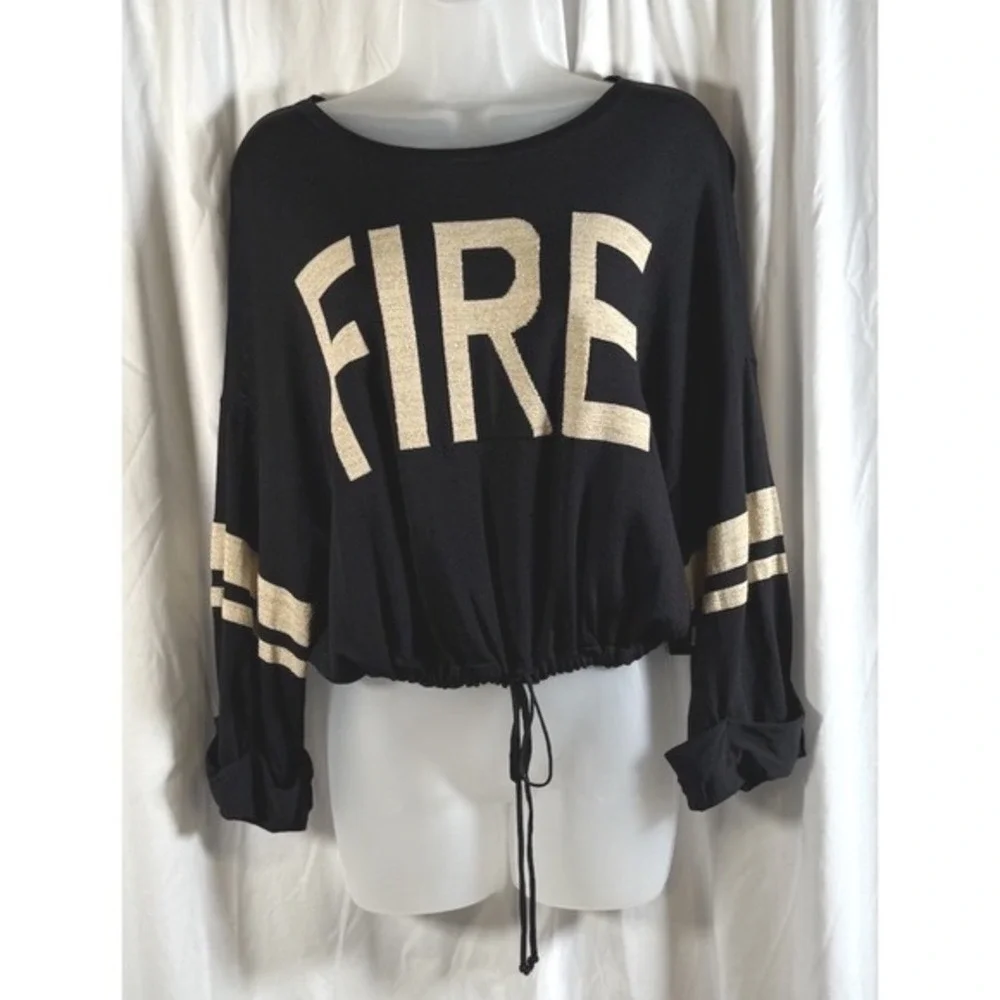 Gabrielle Union New York Co Black‎ FIRE Graphic Crop Top Sweater M Chic 84-39